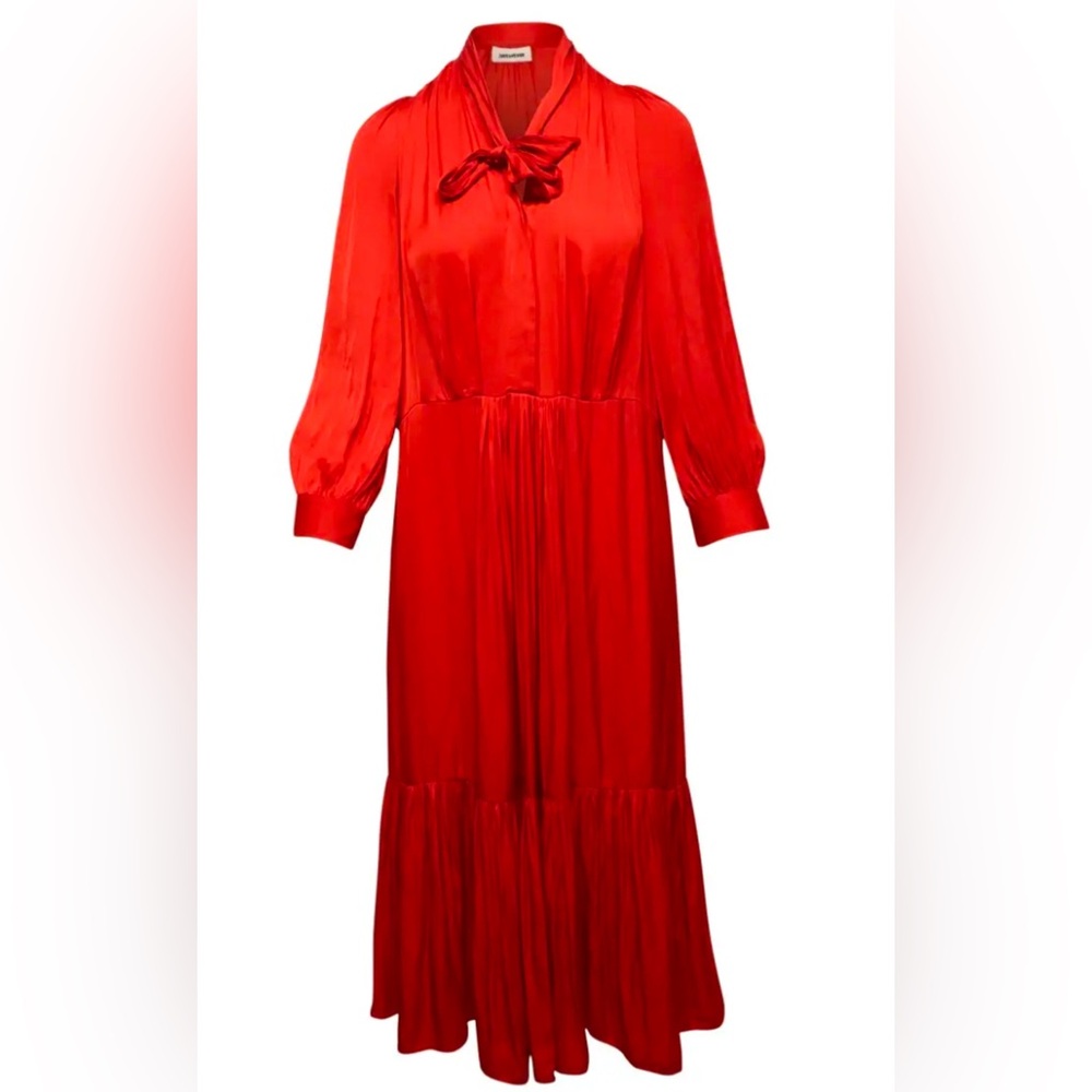 ZADIG & VOLTAIRE Roland Red Satin Silky Long Sleeve Midi Maxi Dress